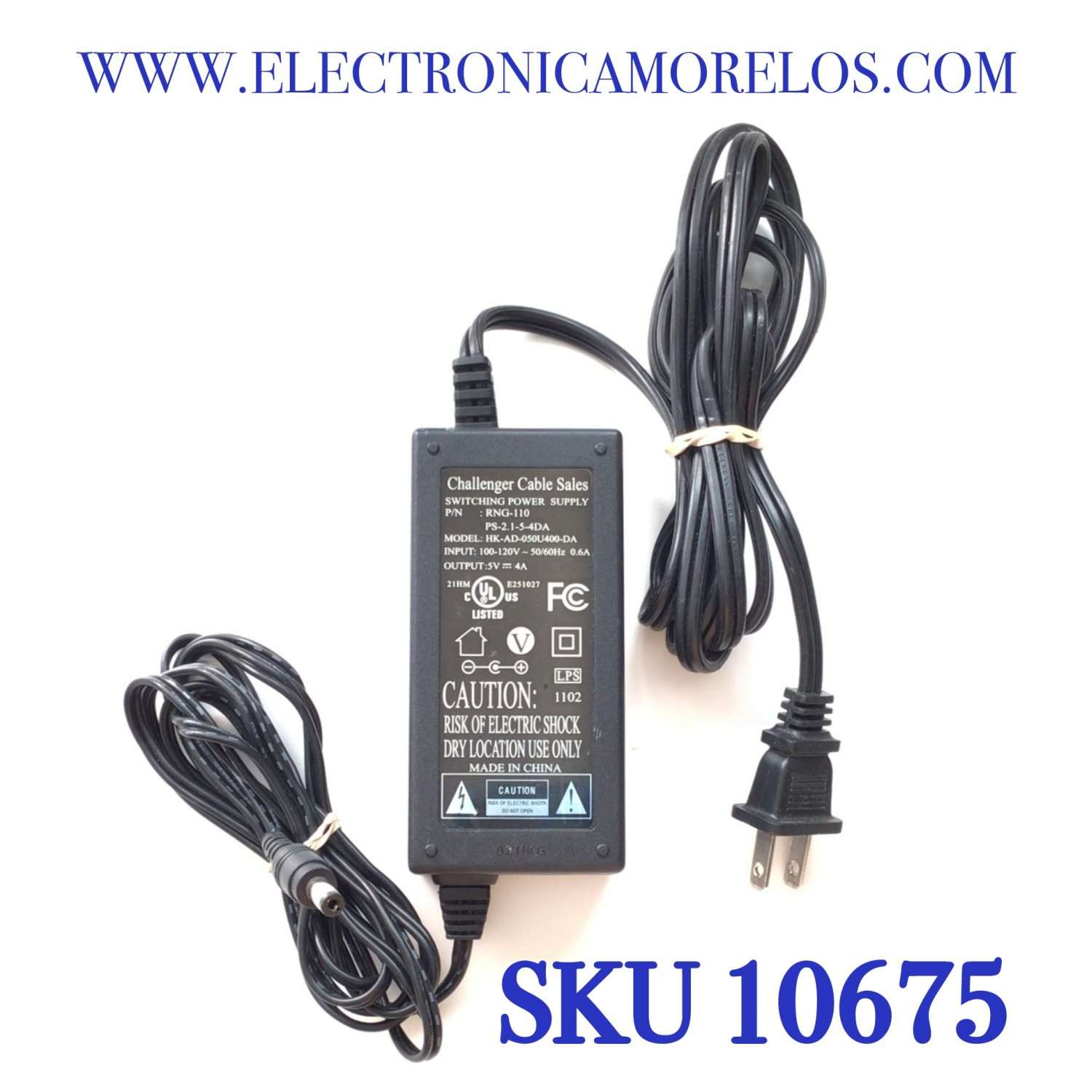 CARGADOR / ADAPTADOR DE FUENTE DE ALIMENTACION VCA-VDD  / NUMERO DE PARTE RNG-110 / PS-2.1-5-4DA / ENTRADA VCA 100-120V~ 50/60HZ 0.6A / SALIDA VCD 5V 4A / MODELO HK-AD-050U400-DA